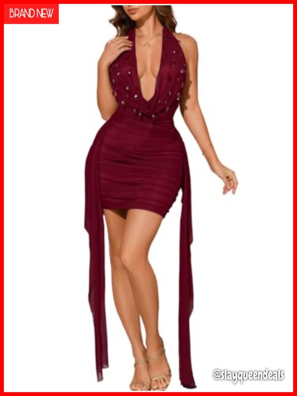 Cowl Neck Backless Bodycon Mini Dress Draped Ruched Crystal Party